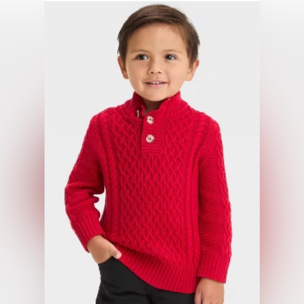 Cat & Jack Boys Red Textured Mock Neck Button-Up Sweater - Size 5T